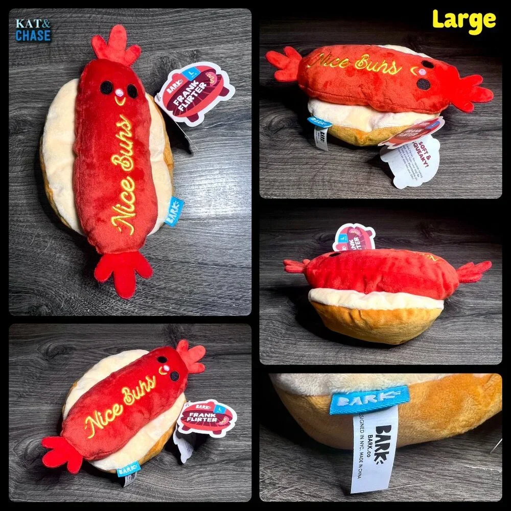 NWT Bark Box Frank Flirter L Dog Toy Large Barkyard BBQ Crinkle Squeak Hot Dog